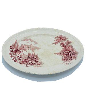 Vintage Johnson Bros CASTLE ON THE LAKE 12" Platter Cream & Burgundy England